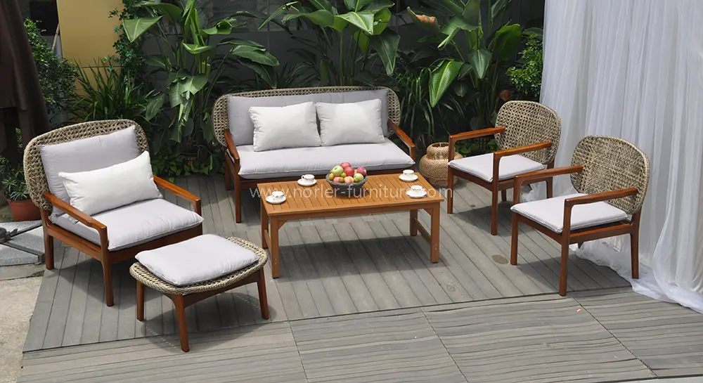 Outdoor Weather Resistant Teak Wood Rattan Sofa Set