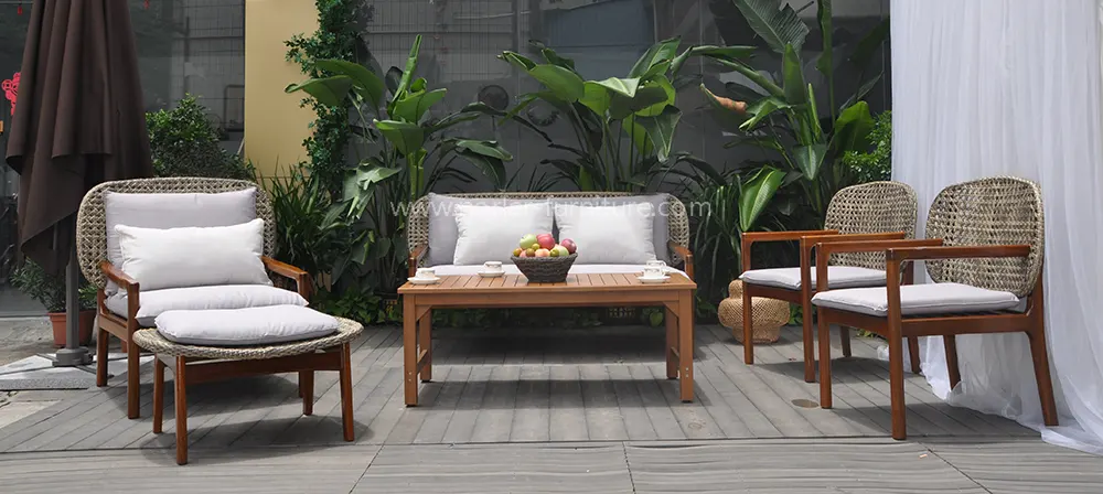 Outdoor Weather Resistant Teak Wood Rattan Sofa Set