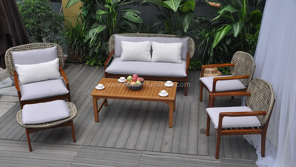 Outdoor Weather Resistant Teak Wood Rattan Sofa Set