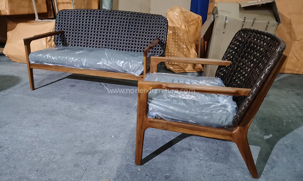 Outdoor Weather Resistant Teak Wood Rattan Sofa Set