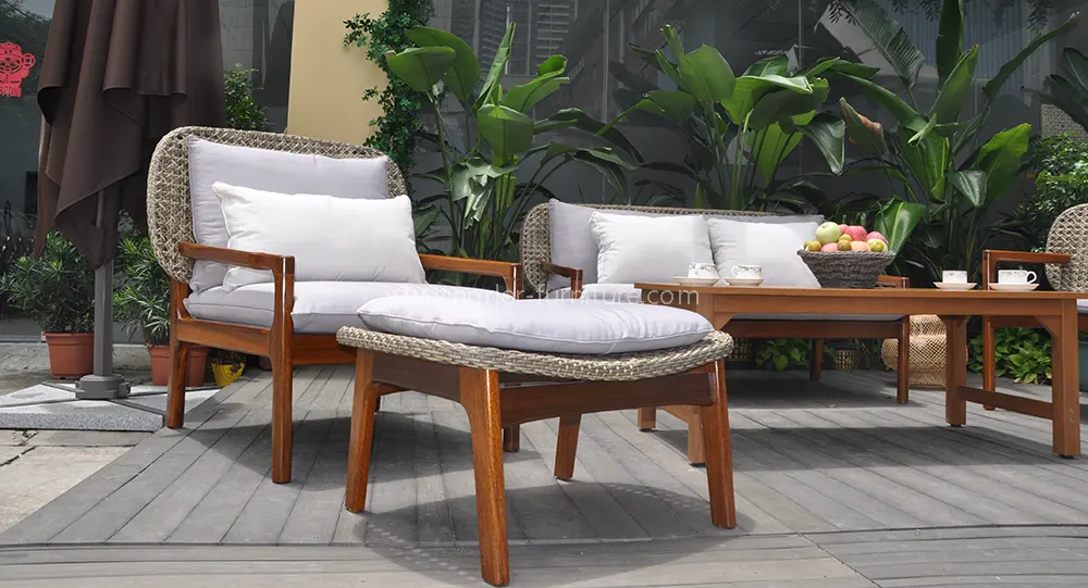 Outdoor Weather Resistant Teak Wood Rattan Sofa Set